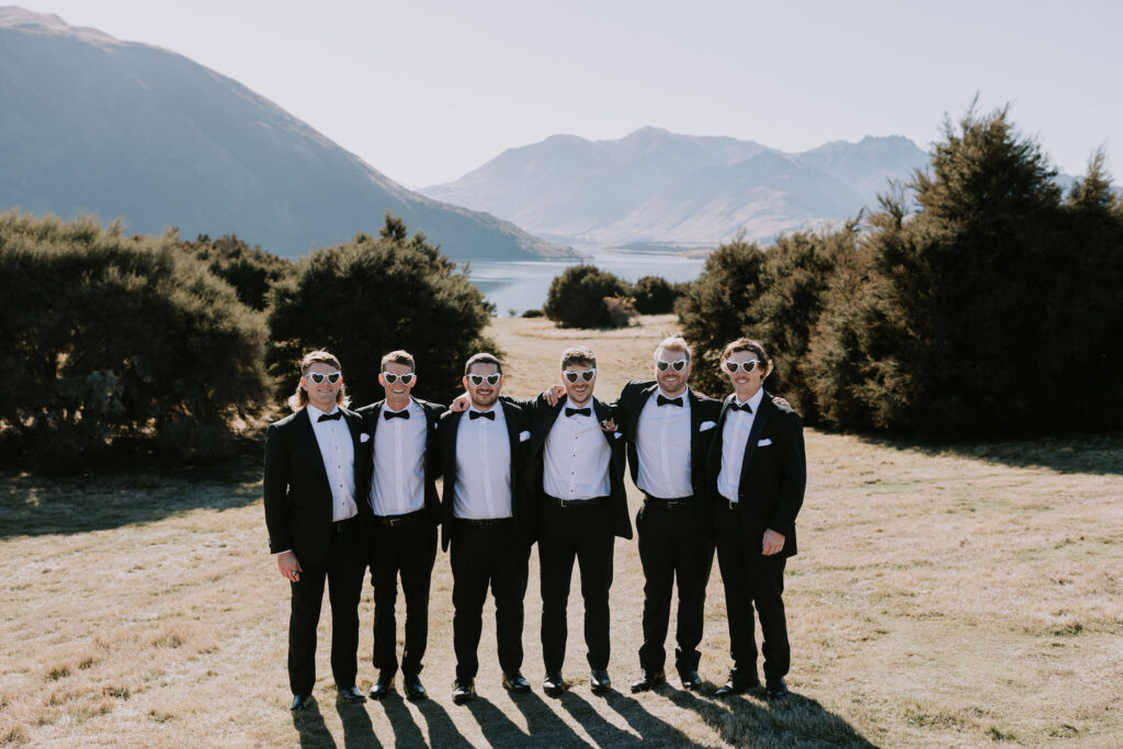 Groom and his groomsmen with Wanaka mountains in the background