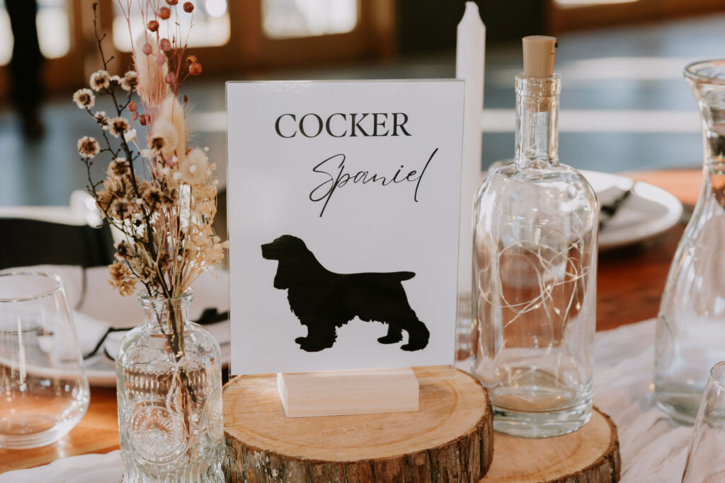 Table number using Cocker Spaniel in black and white with dried flower arrangement